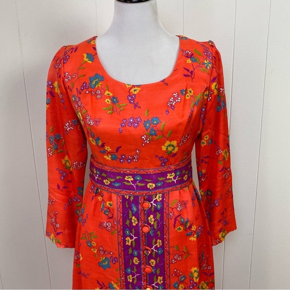 Size XS Orange Purple Vibrant Maxi Dress VTG 60s 70s Gogo Mod Boho Hippie Floral - Picture 3 of 16